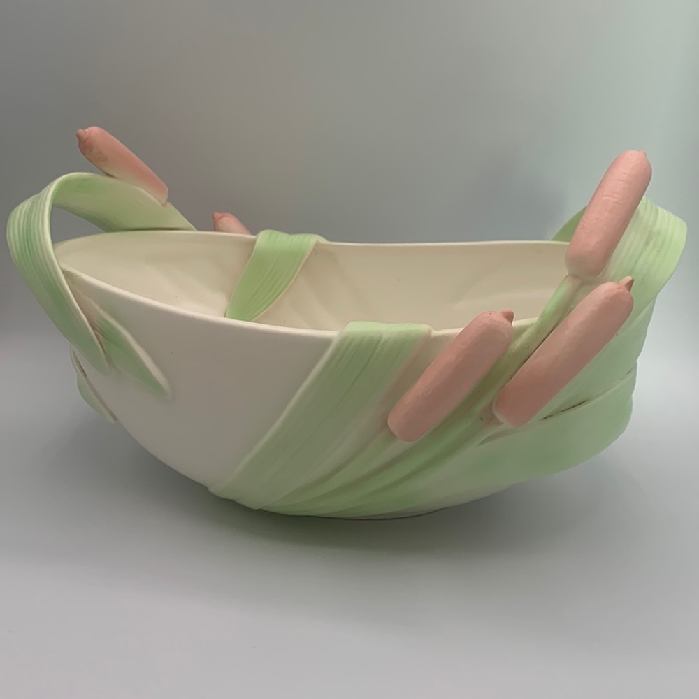 Vintage Fitz & Floyd Pink Green Cattail Console Oval Shaped Dish